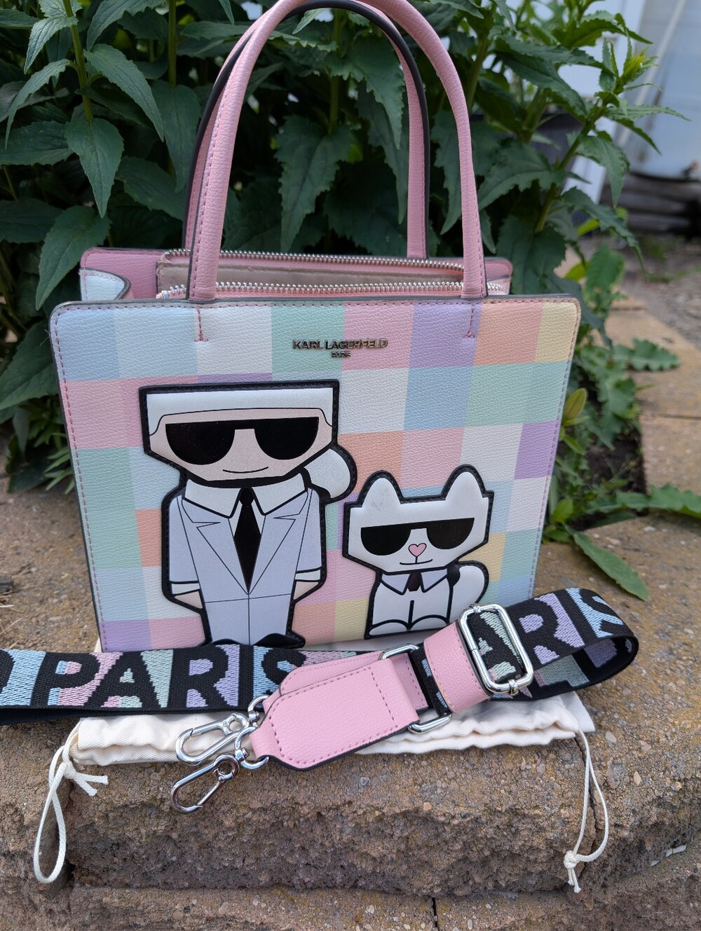 Karl Lagerfeld Maybelle Pastel Check Satchel W Crossbody Strap
